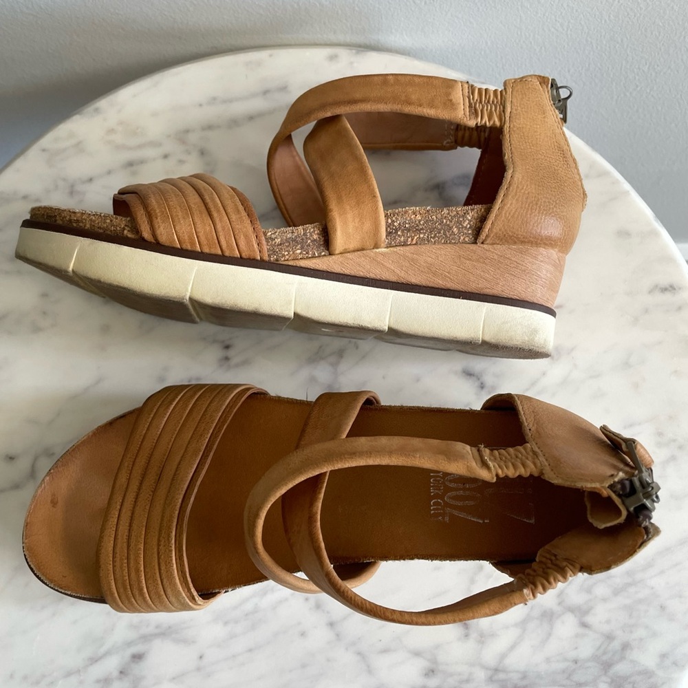 Miz Mooz Leather Cross Strap Wedge Sandals Trace Wheat Tan Comfort Casual